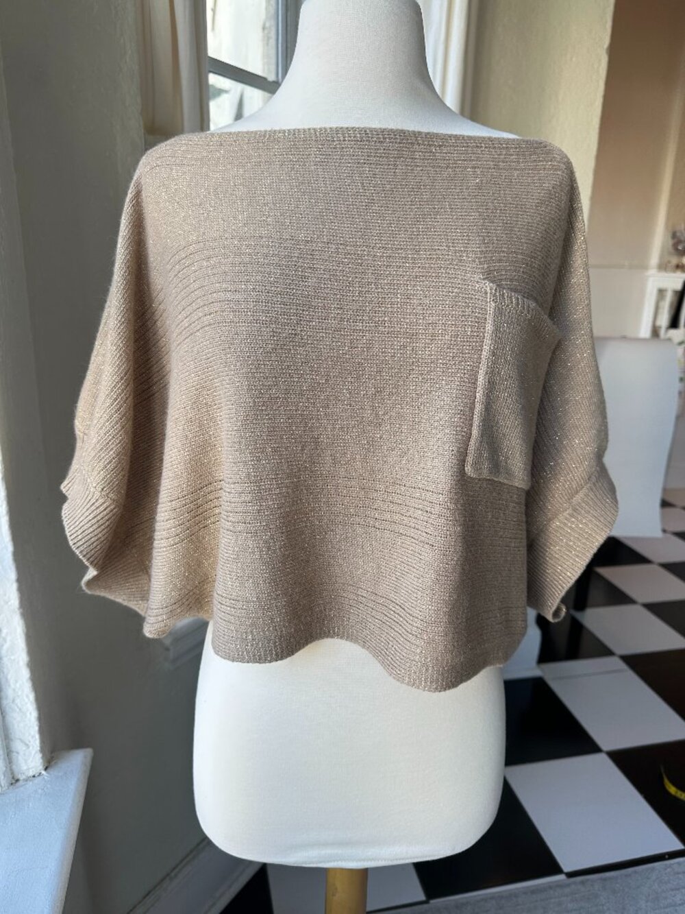 BCBGMAXAZRIA Metallic Lurex Oversized Batwing Sweater Top Size S